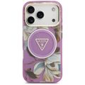 Puzdro Guess Magsafe IML Case Glitter Flowers And Triangle s kovovým rámom fotoaparátu a tlačidlami pre iPhone 17 Pro Max fialové
