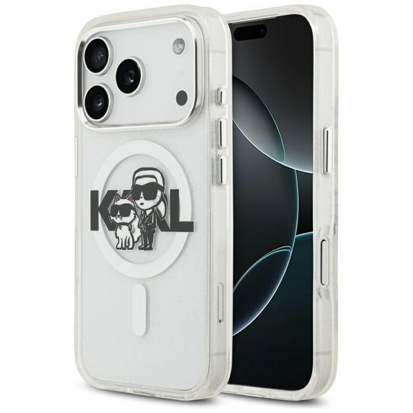 Puzdro Karl Lagerfeld Magsafe IML trblietavé puzdro s kovovým rámom fotoaparátu a tlačidlami a logom Karl a Choupette sketch pre iPhone 17 Pro číra