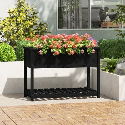 vidaXL Kvetináč s policou čierny 111,5x54x81 cm masívna borovica