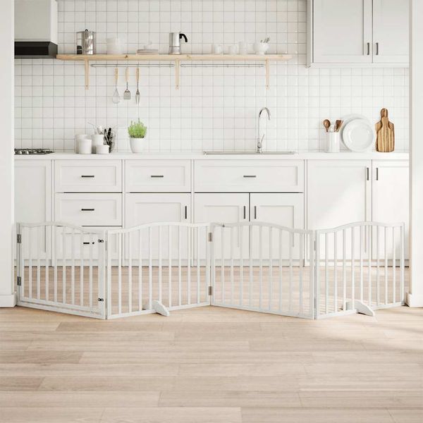 vidaXL Brána pre psa s dverami sklad. 4pan. biela 320cm topoľové drevo