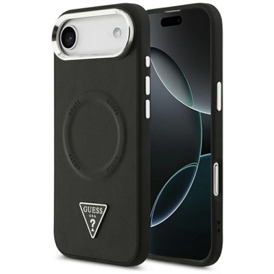 Puzdro Guess Case Magsafe PU Leather Case s trojuholníkovým logom a strieborným kovovým rámom fotoaparátu pre iPhone 17 Air čierne