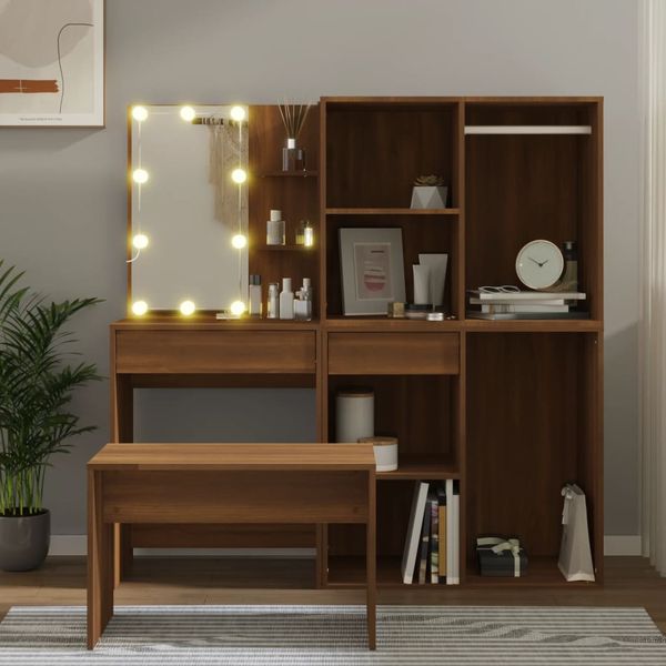 vidaXL Sada toaletného stolíka s LED hnedý dub spracované drevo