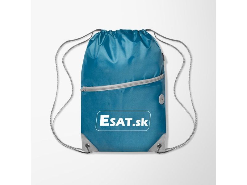 Štýlový sťahovací ruksak ESAT — modrý vak s logom Esat.sk a predným zipsovým vreckom