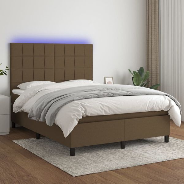 vidaXL Posteľ boxsping s matracom a LED tmavohnedá 140x200 cm látka