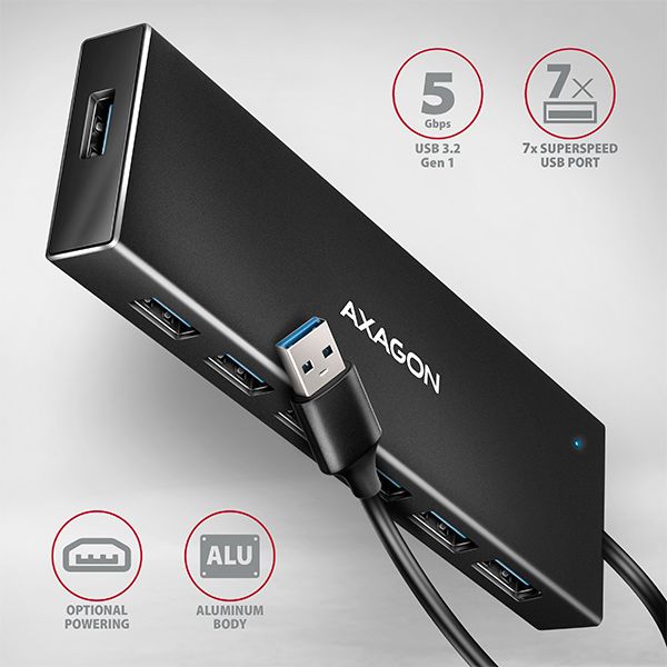 AXAGON HUE-F7A, 7x USB 3.2 Gen 1 ALU FLAT CHARGING hub, mikro USB napájací konektor, kábel USB-A 1m USB Hub, externý, 7x USB 3.0, 1m, hlinené telo, čierna