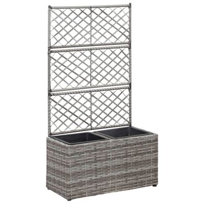 vidaXL Vyvýšený záhon+mriežka, 2 nádoby 58x30x107 cm, polyratan, sivý