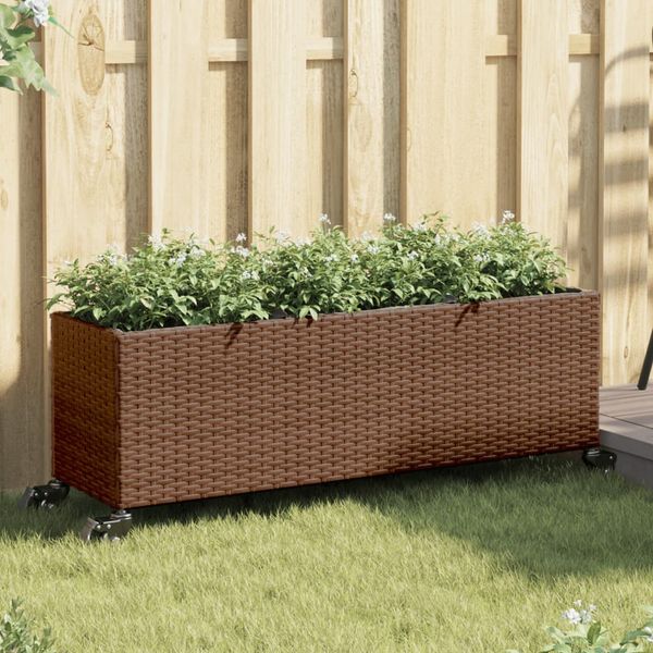 vidaXL Záhradné kvetináče kolieska 2 ks hnedé 107x32x38 cm polyratan