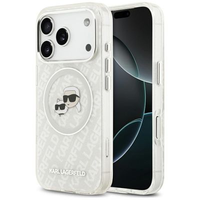Obal Karl Lagerfeld Magsafe IML trblietavý obal s kovovým rámom fotoaparátu a tlačidlami, hlavy Karla a Choupette s opakovaným logom KL pre iPhone 17 Pro sivý
