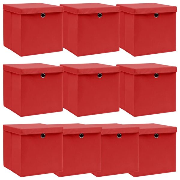 vidaXL Úložné boxy s vekom 10 ks, červené 32x32x32 cm, látka