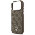 Guess Case Magsafe 4G PU kožené puzdro s trojuholníkovým logom a strieborným kovovým rámom fotoaparátu pre iPhone 17 Pro Max hnedé