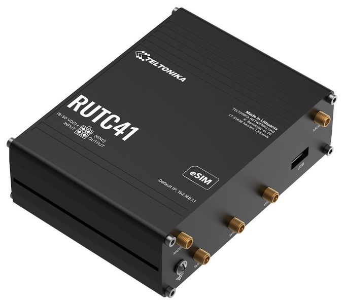 Teltonika RUTC41 průmyslový router   4x LAN, 1x WAN, 4G/LTE, Dual SIM + eSIM, WiFi 6 Router, 4G LTE Cat 4, Wi-Fi 6 dual-band, Docker, 5× GigE, 1 GB RAM, 8 GB flash, I/O, -40 až +75 °C, RMS kompatibilní
