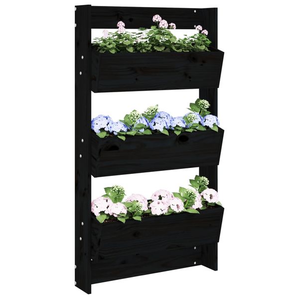 vidaXL Nástenný kvetináč 3-pos. 60x18,5x110 cm čierny masívna borovica
