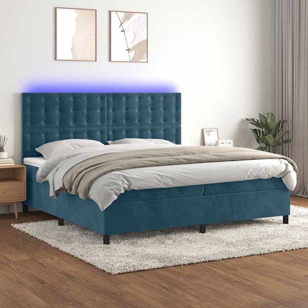 vidaXL Posteľný rám boxsping matrac a LED tmavomodrý 200x200 cm zamat
