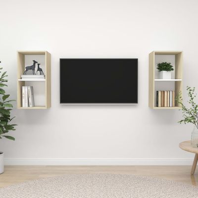 vidaXL Nástenné TV skrinky 2 ks, biela a dub sonoma, kompozitné drevo