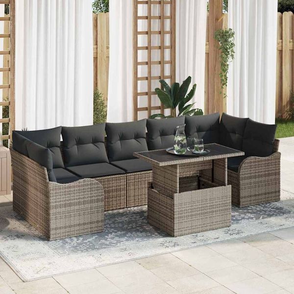 vidaXL Súprava záhradných pohoviek s vankúšom 8 pcs Sivá Poly Ratan