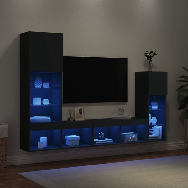 vidaXL 4-dielne TV nástenné skrinky s LED čierne kompozitné drevo