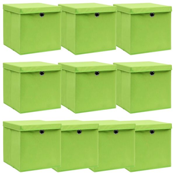 vidaXL Úložné boxy s vekom 10 ks, zelené 32x32x32 cm, látka