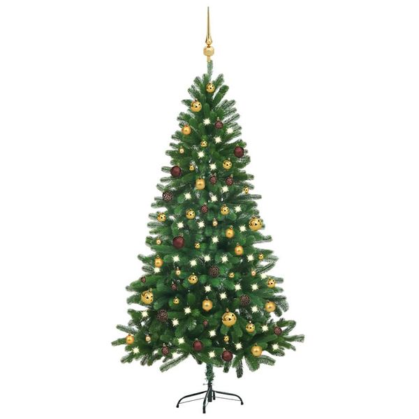 vidaXL Osvetlený umelý vianočný stromček s guľami 180 cm, zelený