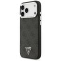 Puzdro Guess Magsafe 4G z PU kože s trojuholníkovým logom a strieborným kovovým rámom fotoaparátu pre iPhone 17 Pro Max čierne