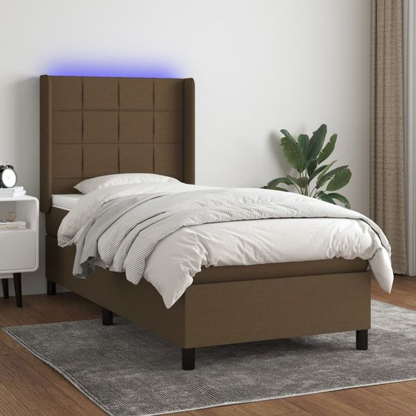 vidaXL Posteľ boxsping s matracom a LED tmavohnedá 90x200 cm látka