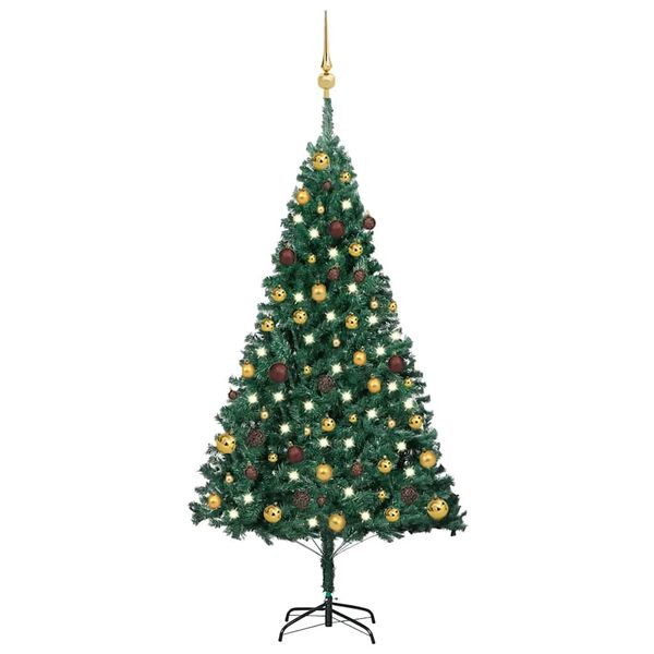 vidaXL Osvetlený umelý vianočný stromček s guľami, zelený 150 cm, PVC