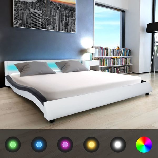 vidaXL Posteľ s matracom, LED, čierna a biela, umelá koža 180x200 cm