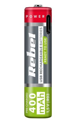 Batéria AAA R3 nabíjacia 1,5V/400mAh REBEL 2ks, blister BAT2015 USB-C