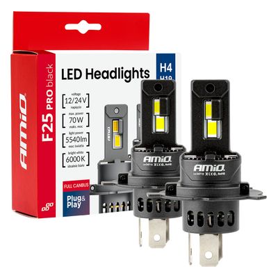 LED žiarovky hlavného svietenia Séria F25 PRO BLACK FULL CANBUS H4 H19 70W 12V 24V AMiO-04719