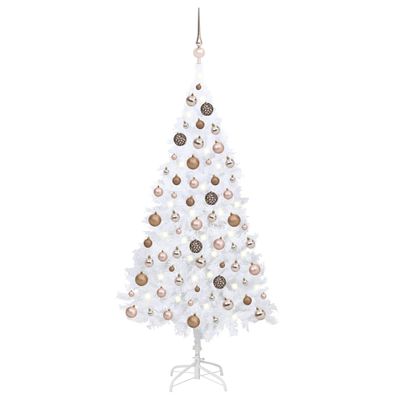 vidaXL Osvetlený umelý vianočný stromček s guľami, biely 150 cm, PVC