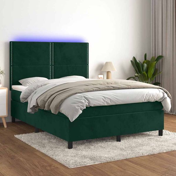 vidaXL Posteľný rám boxsping matrac a LED tmavozelený 140x190 cm zamat