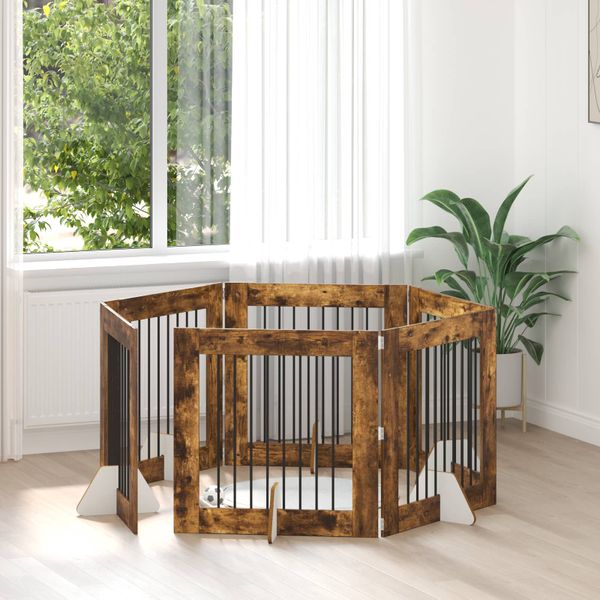 vidaXL Brána pre psov so stojanmi 6 pcs Dymový dub 80 x 80 cm