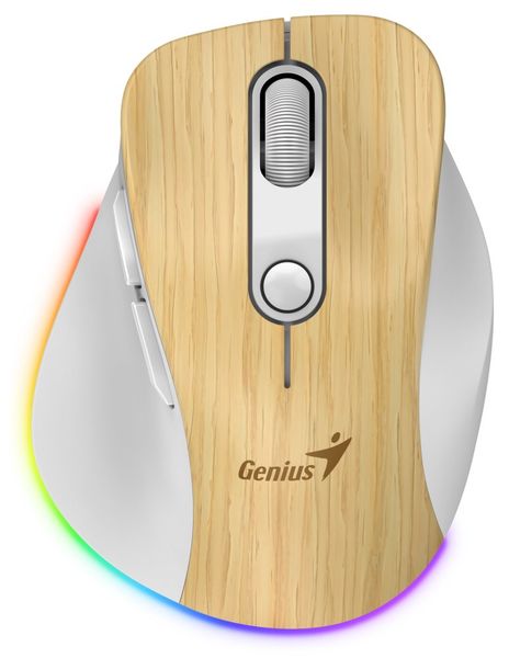 GENIUS Ergo 9000S Pro Pine Wood/ duálny Bluetooth+2,4GHz/ 2400dpi/ bezdrôtová/ 6 tlačidiel/ dobíjacia/ RGB/ farba borovica