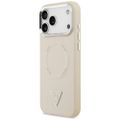 Guess Case Magsafe PU Leather Case s trojuholníkovým logom a strieborným kovovým rámom fotoaparátu pre iPhone 17 Pro Max béžová