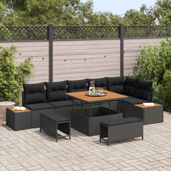 vidaXL Súprava záhradných pohoviek s vankúšom 9 pcs Čierna Poly ratan