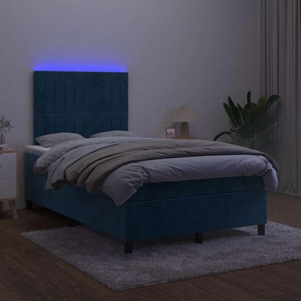 vidaXL Boxspring posteľ s matracom a LED, tmavomodrá 120x190 cm, zamat