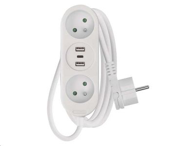 Predlžovací kábel EMOS P0211E / 1,4 m / 2 zásuvky+2×USB-A+1×USB-C / biely / PVC / 1,5 mm2