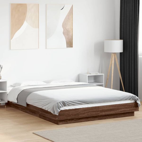 vidaXL Posteľný rám s LED svetlami hnedý dub 140x200 cm kompoz. drevo