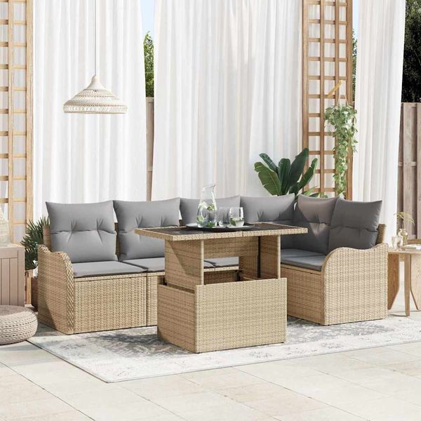 vidaXL Jedálenská súprava s vankúšom 6 pcs Béžová Poly ratan