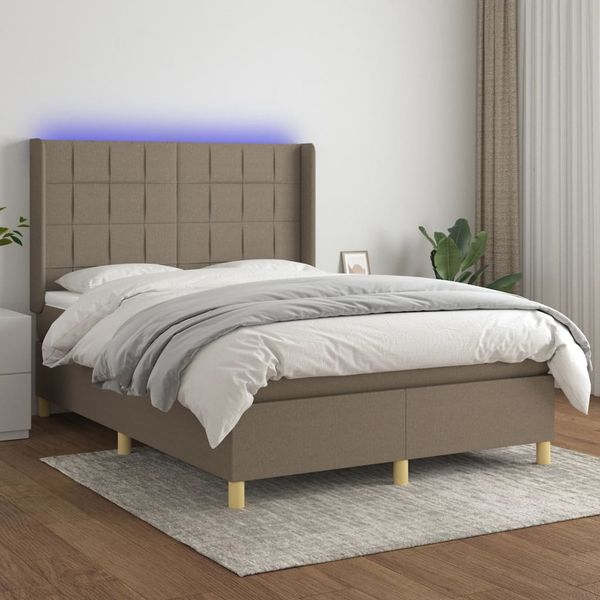 vidaXL Posteľ boxsping s matracom a LED sivohnedá 140x190 cm látka