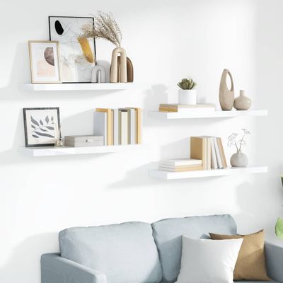 vidaXL Plávajúce nástenné police 4 ks, lesklé biele 90x23,5x3,8cm, MDF
