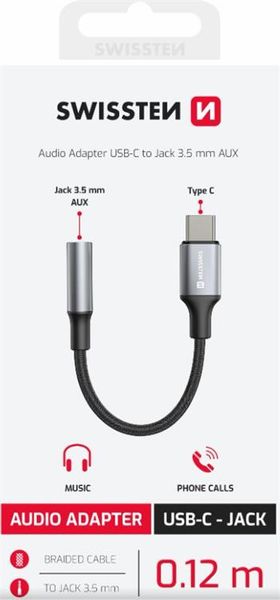 SWISSTEN AUDIO ADAPTÉR TEXTILNÝ USB-C (samec) / 3,5mm AUX 0,15 M ČIERNY (nahrádza 73501301) Kábel, prepojovací, USB-C na 3,5mm jack (F), textilný oplet, 15cm, čierno-šedý
