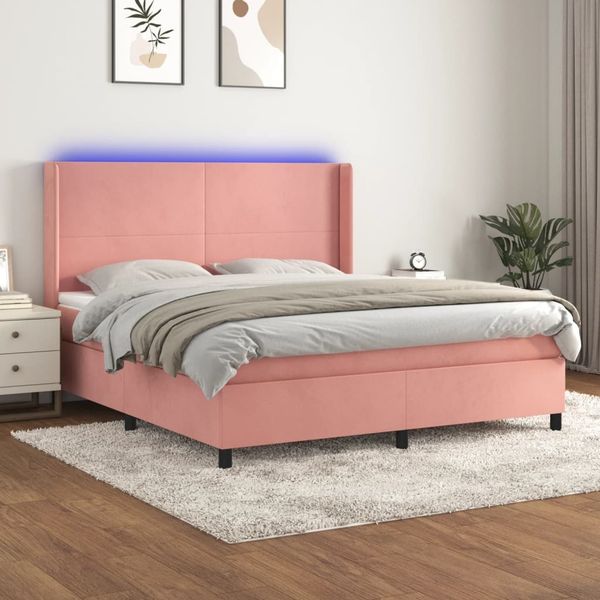 vidaXL Posteľný rám boxsping s matracom a LED ružový 180x200 cm zamat