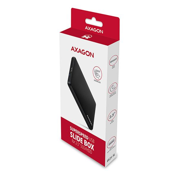 AXAGON EE25-SL, USB 3.2 Gen 1 - SATA 6G, 2.5" SLIDE box, bezšroubkový, čierny Box na disk, externý, pre 2,5" HDD/SSD, USB 3.2 Gen1, SATA III, plast, čierny