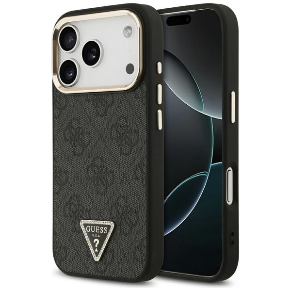 Puzdro Guess Case Magsafe 4G PU Leather s trojuholníkovým logom a zlatým kovovým rámom fotoaparátu pre iPhone 17 Pro čierna