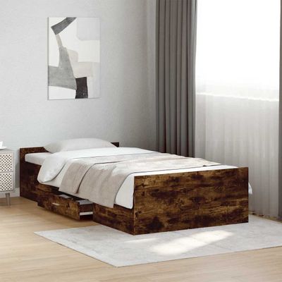 vidaXL Posteľný rám so zásuvkami dymový dub 75x190 cm kompozitné drevo
