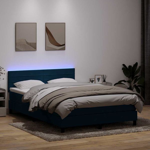 vidaXL Posteľný rám boxsping s matracom a LED tmavomodrý 140x210 cm zamat