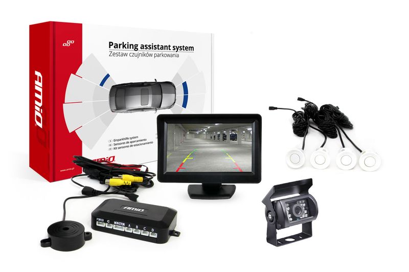 Parkovací asistent TFT01 4,3" s kamerou HD-501-IR 4 senzory biele