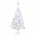 vidaXL Osvetlený umelý vianočný stromček s guľami, biely 150 cm, PVC