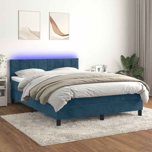 vidaXL Posteľný rám boxsping matrac a LED tmavomodrý 140x200 cm zamat