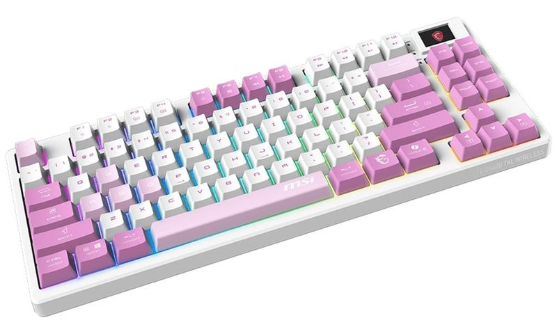 MSI herní klávesnice FORGE GK600 TKL Violet/ bezdrátová 2,4GHz+BT/ mechanická/ RGB/ USB-C/ display/ CZ+SK layout Klávesnice, herní, mechanická, bezdrátová (2,4GHz, Bluetooth), RGB podsvícení, displej, USB-C, CZ/SK layout, bílo-ružová